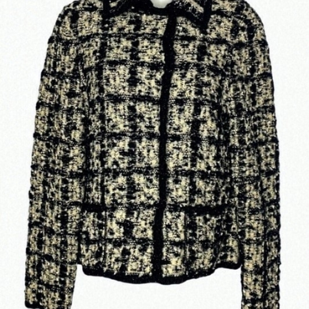 Escada Glistening Black Metallic Cream Knit Boucle Tweed M Wool Jacket Cardigan - Picture 2 of 7